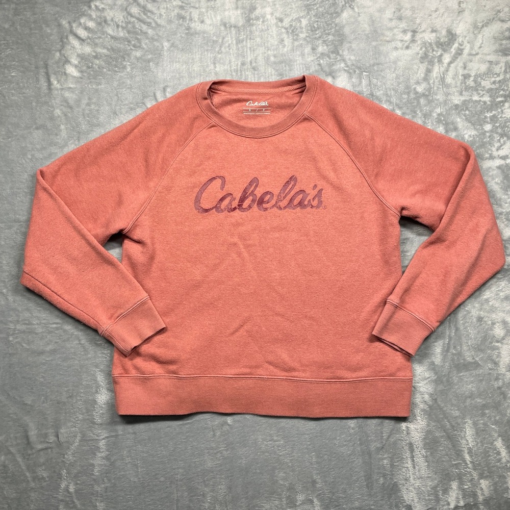 Cabela's Sweatshirt Womens Small Coral Pink Logo Raglan Pullover Fleece